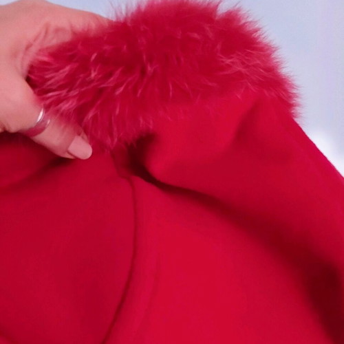 Wool coat Rue de Grenelle with hood and natural fur like new, red XL-XXL