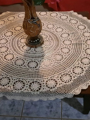 Round table linen used, knitted embroidered beige rotonda 1.20 m