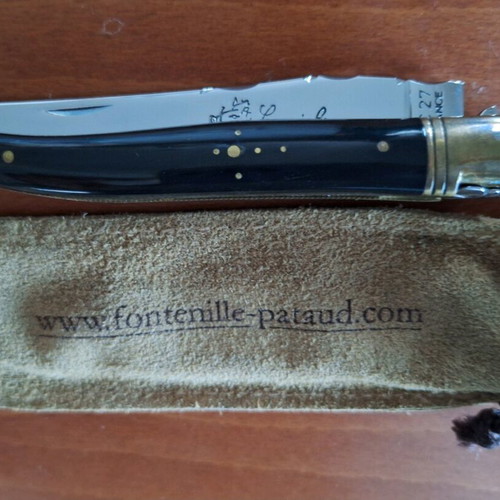 French knife new with leather sheath, 10 cm blade length