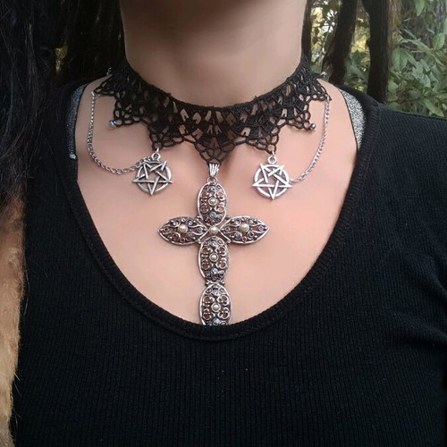 Gothic necklace handmade with lace new
