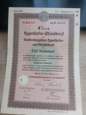 Mortgage bond 1000 RM Mecklenburgische Hypotheken- & Wechselbank 1939 like new