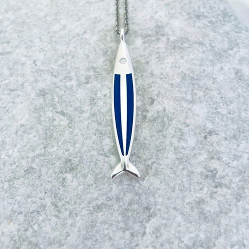 Necklace with steel fish-shaped pendant and blue details new