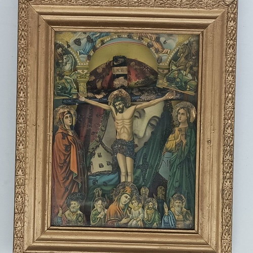 Vintage religious icon used with depth 'The Crucifixion of Jesus' framed with glass