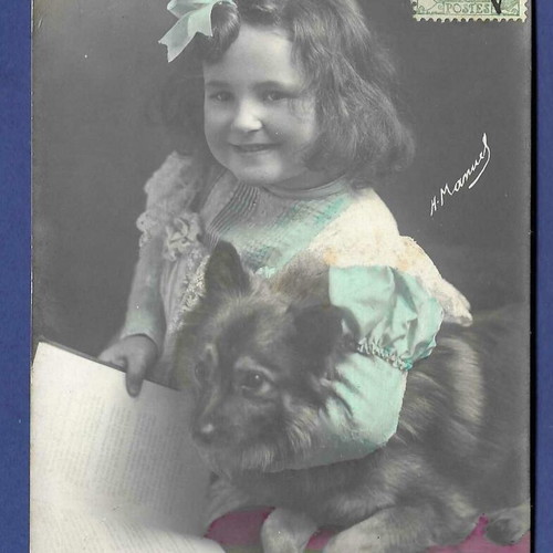 Vintage postcard girl with dog used