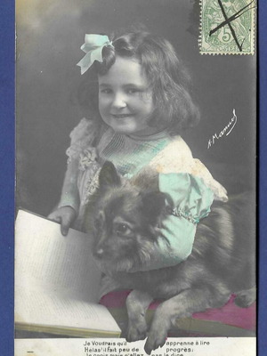 Vintage postcard girl with dog used