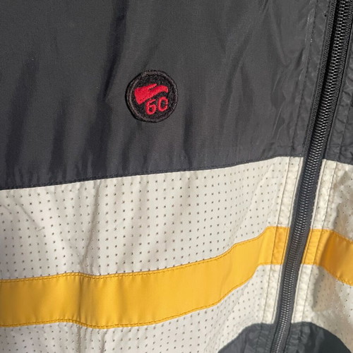 Sixty men's jacket used, size Large, black with white and yellow stripe Y2K