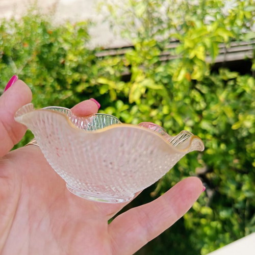 Vintage embossed glass trinket dish with gold trim
