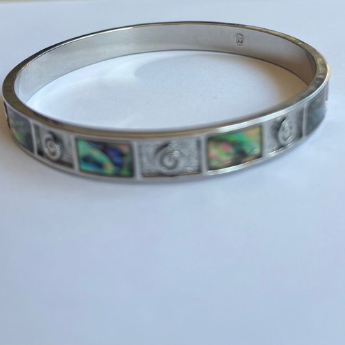 Steel bangle bracelet with abalone shell inlays new