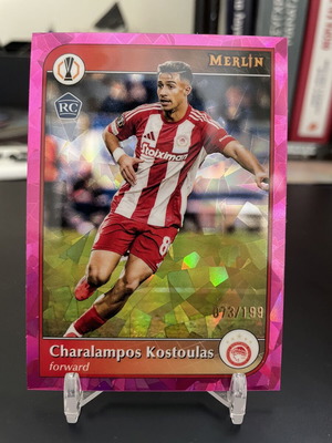 Topps Merlin 2024-25 Charalampos Kostoulas /199 RC Pink Refractor Olympiakos card