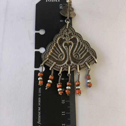 Large ethnik handmade silver earrings with coral and pearl like new