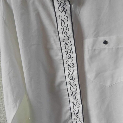 Long-sleeve shirt with Mao collar new, white with black embroidery