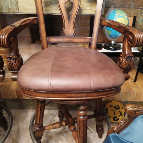 Kourtis two wooden swivel bar stools, handcrafted, leather upholstery, neoclassical