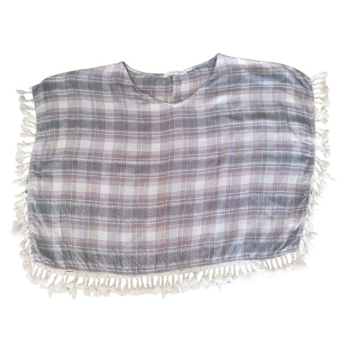 Cherry Paris poncho with checkered pattern and white tassels like new