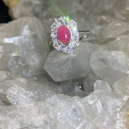 Silver ring with natural ruby and moissanite, new