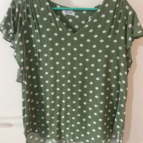 Enjoy khaki polka dot blouse with ruffle sleeves