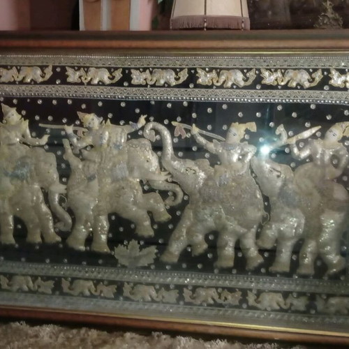 Burmese Embroidered Burma Like New with Warriors and Elephants in Frame