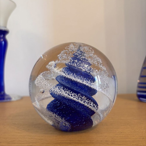 Bohemian Crystal Paperweight with Blue and White Swirls like new