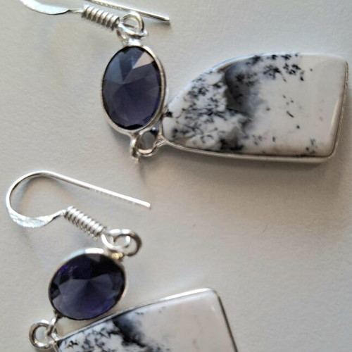 Earrings with semi-precious opal and dendritic stones, new