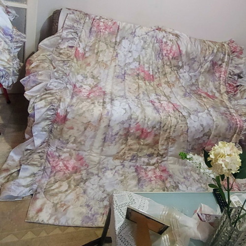 Satin floral quilt set with drapery and curtain panels