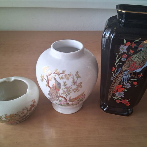 Vintage Asian Porcelain Set - 2 Vases & Ashtray (Satsuma / Oriental Style)