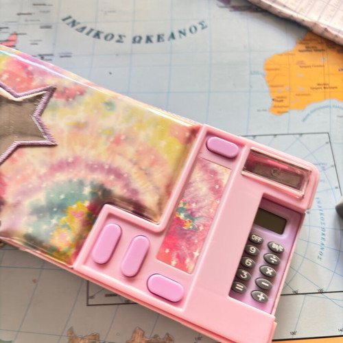 School pencil case with calculator and sharpener