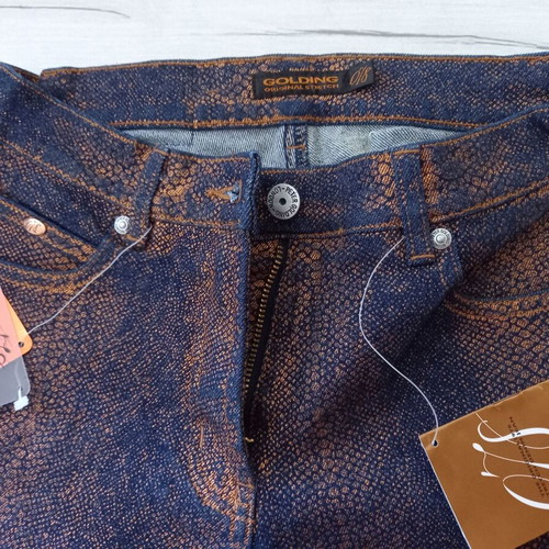 Peter Golding 078 Stretch Denim Flared Jeans like new, blue-gold