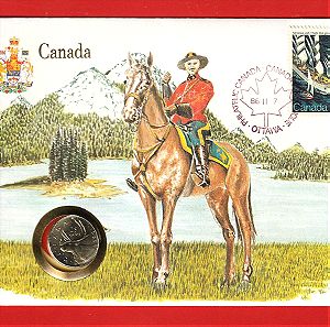 Νόμισμα του Καναδά (25 c) του Δολλαρίου, 1986, & Συλλεκτικός Φάκελλος με Γραμματόσημο από Canada.