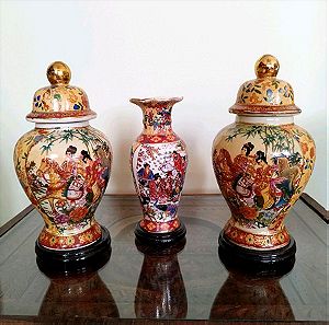 τρία όμορφα βάζα vintage χειροποίητα satsuma