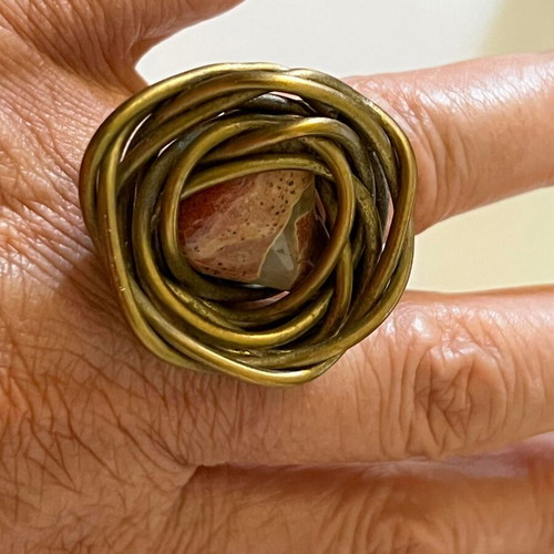 Handmade adjustable ring with natural stone, boho antique bronze, used