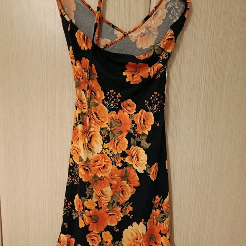 Dress black with orange flowers used, elastic, Spanish style hem