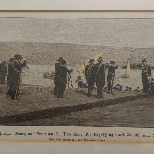 Colored lithograph of Prince Georg's landing in Crete like new, frame 27×36 cm