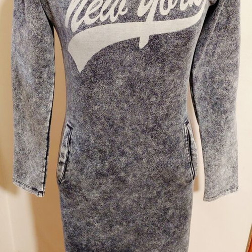 Denim dress with New York print, acid wash style, Miss Azur