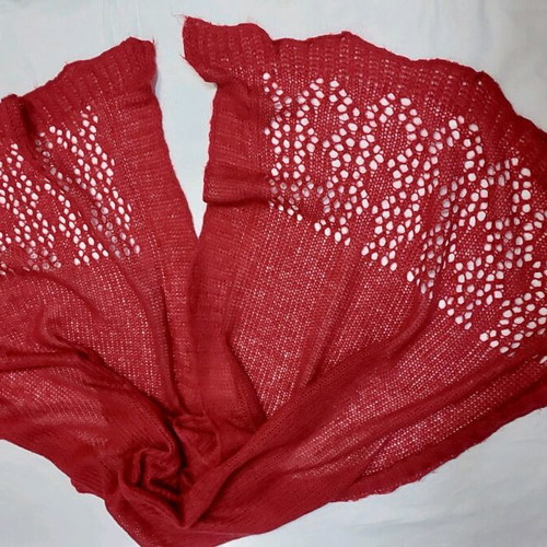 Knitted thin wool shawl-pashmina like new, red with diamond pattern