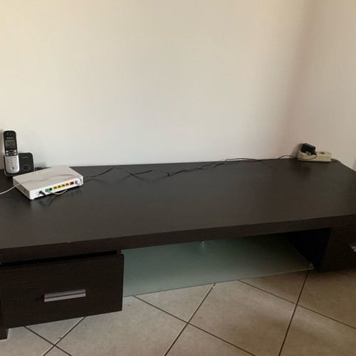 TV stand with glass shelf and two drawers like new