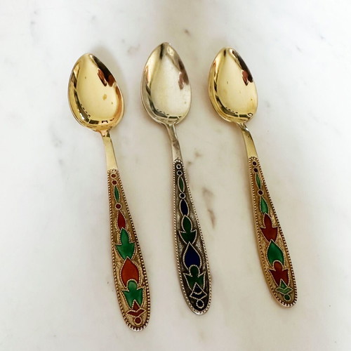 Set of 3 Soviet Silver 875 Spoons with Enamel