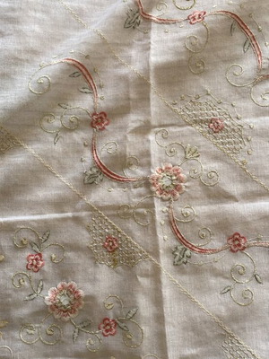 Square tablecloth new with salmon flowers and gold thread