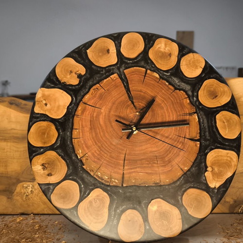Wall clock 34 cm handmade with olive and almond wood and resin