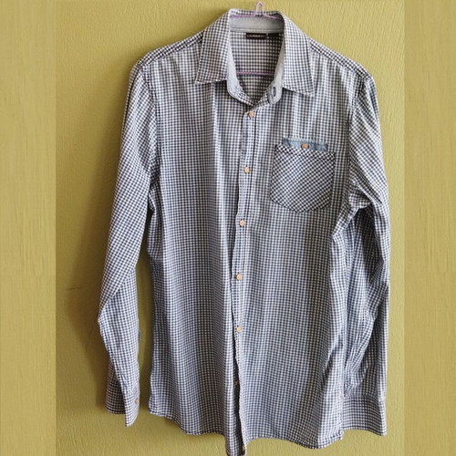 Livergy Cotton Shirt like new, blue beige plaid with denim details