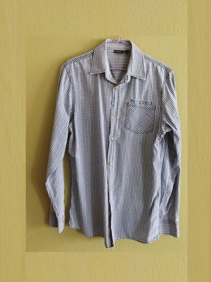 Livergy Cotton Shirt like new, blue beige plaid with denim details