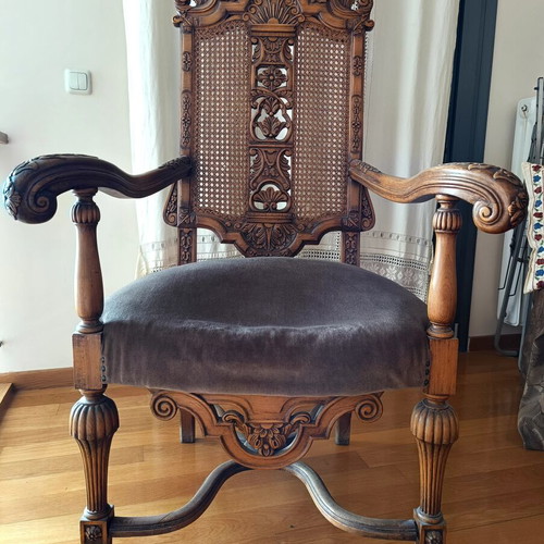 Vintage wooden armchair baroque style used, cane back, velvet seat