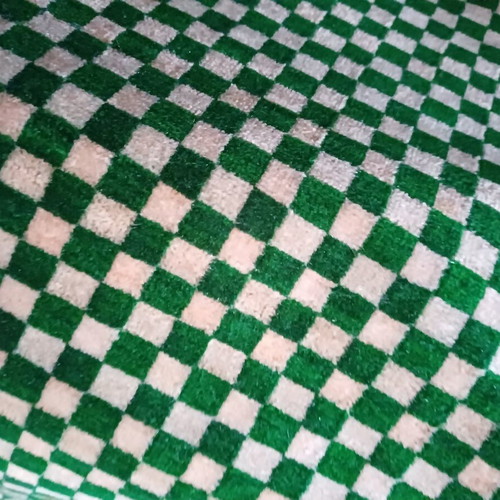 Vintage velvet green checkered tablecloth with fringes, new
