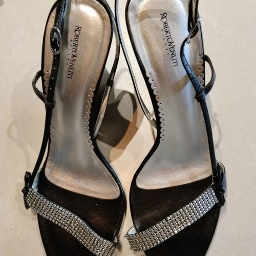 Black platform sandals with rhinestones