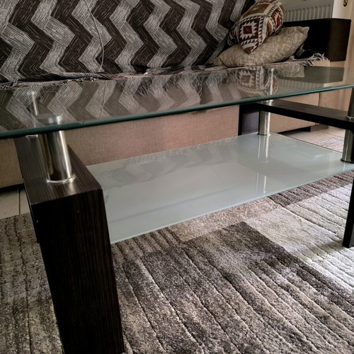 Modern coffee table used, glass and wood, 100x60x42 cm