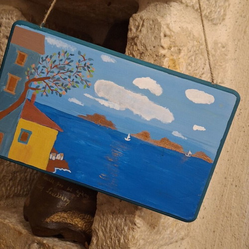 Handmade decorative wooden plaque with Aegean sea painting