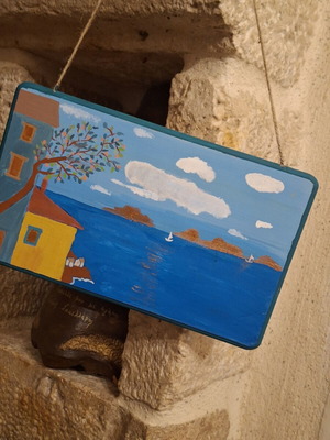 Handmade decorative wooden plaque with Aegean sea painting