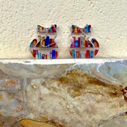 Cat earrings new, colorful acrylic with book design