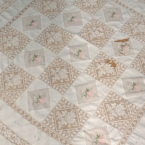 Vintage 1980s embroidered tablecloth used, fabric for upcycling