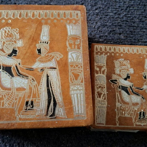 Egyptian leather boxes used, set of two with hand-painted designs
