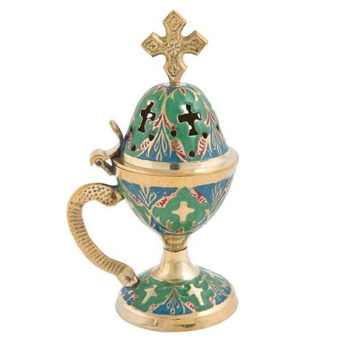 Bronze Incense Burner with Green-Blue Enamel Coating new
