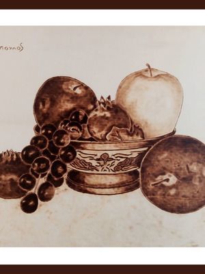 Still life pyrography painting on linden wood by Triantafyllos Xanthopoulos